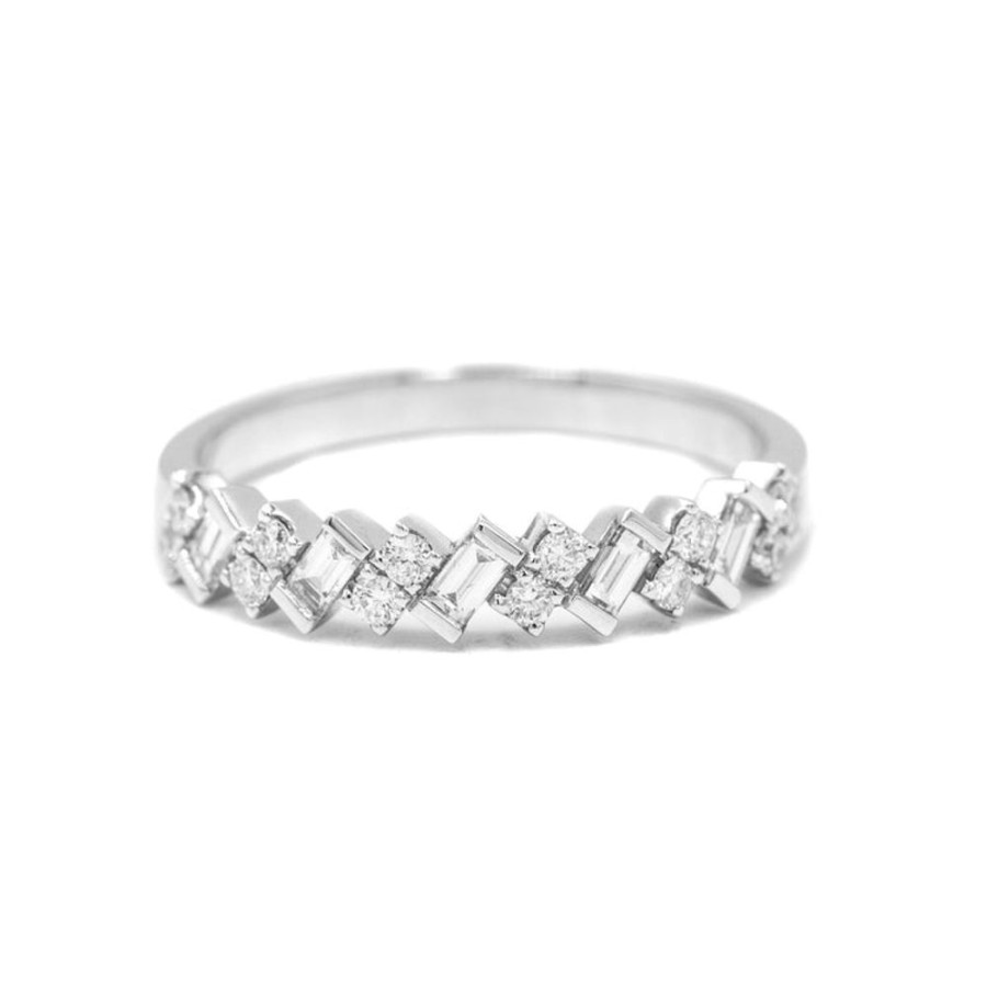 Stackable Rings Uneek | 14Kw Round & Baguette Diamond Diagonal Band