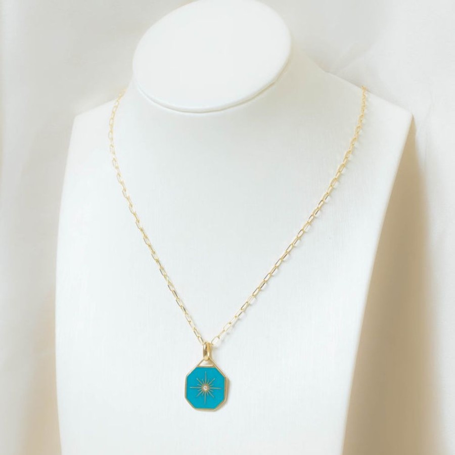 Jewelry Malka Diamonds | Teal Enamel Medallion Charm Necklace