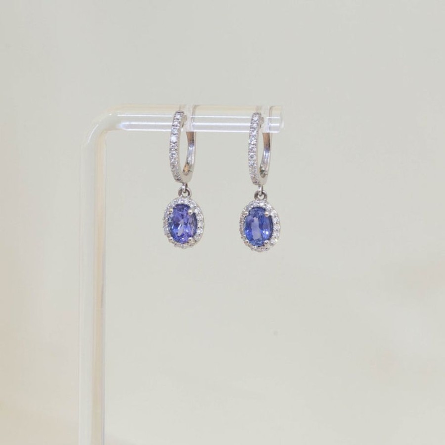 Jewelry Malka Diamonds | 2.02Ctw Oval Sapphire Halo Dangle Earrings