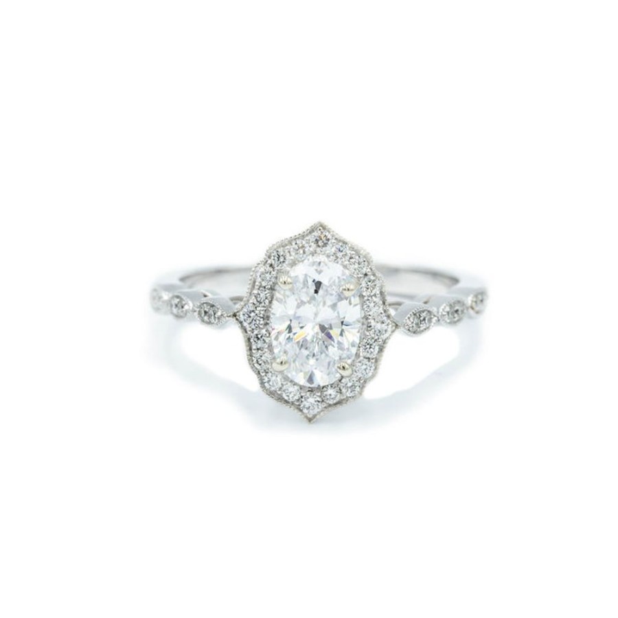 Vintage Collection Malka Diamonds | 14K White Gold Oval Floral Vintage-Inspired Halo Ring