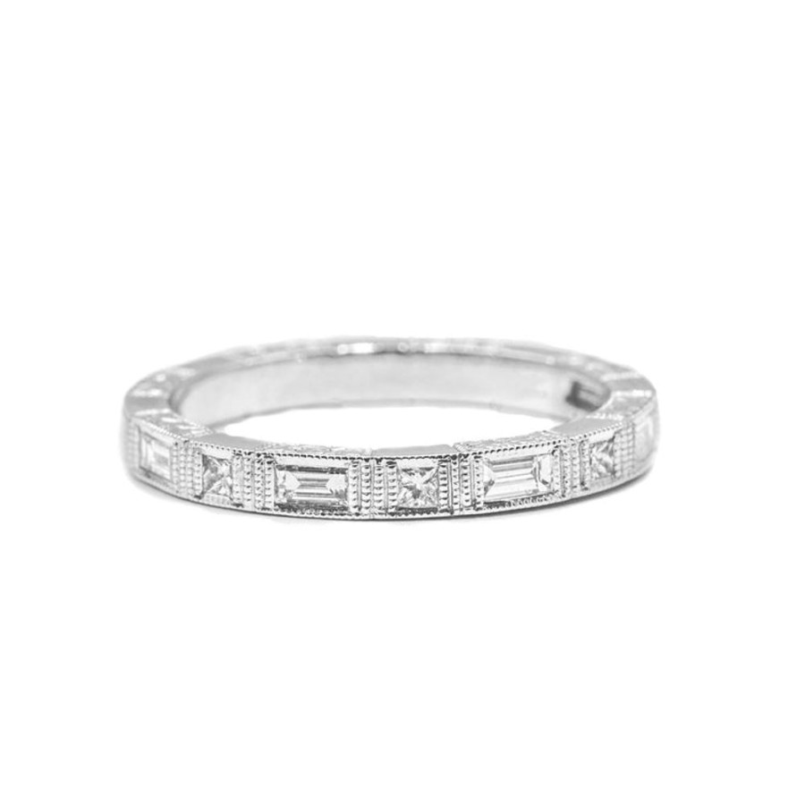Stackable Rings Jolie Designs | 18Kt .41Ctw Baguette & Princess-Cut Diamond Milgrain Band