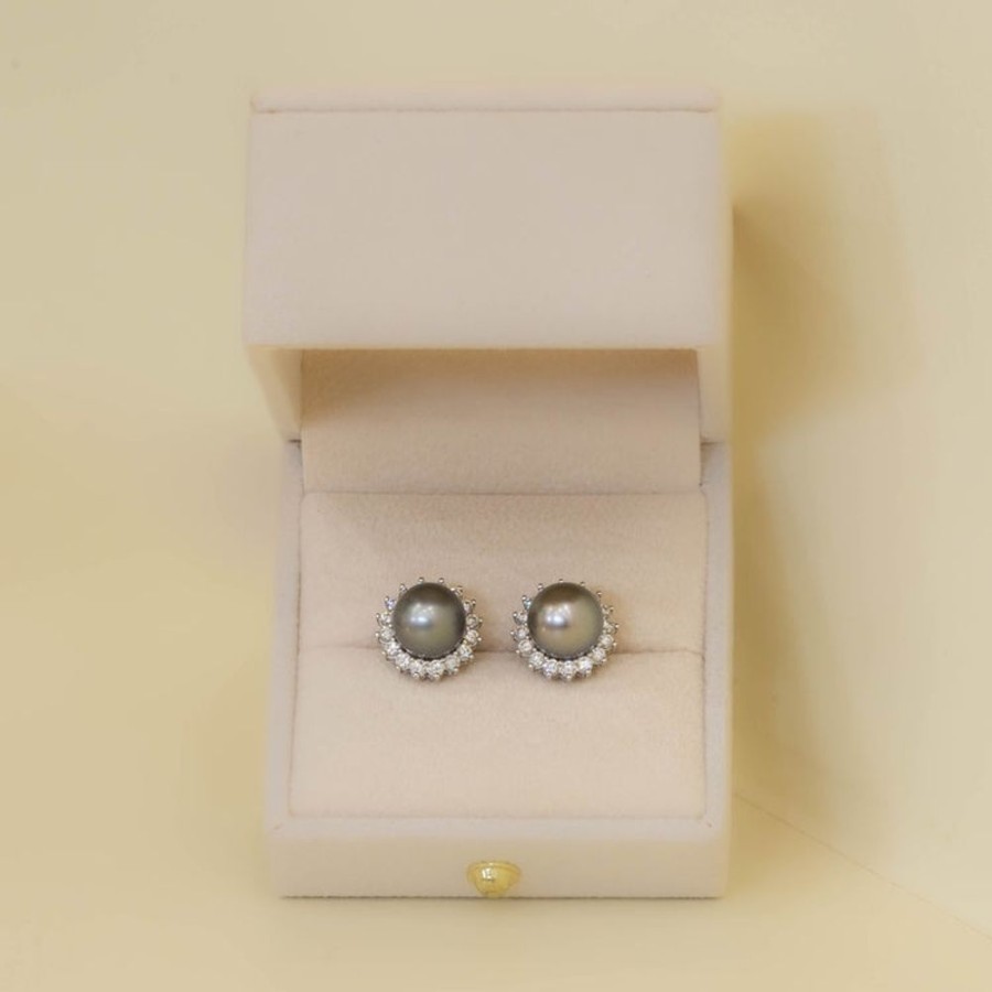 Jewelry Malka Diamonds | 14Kw Tahitian & Diamond Halo Stud Earrings