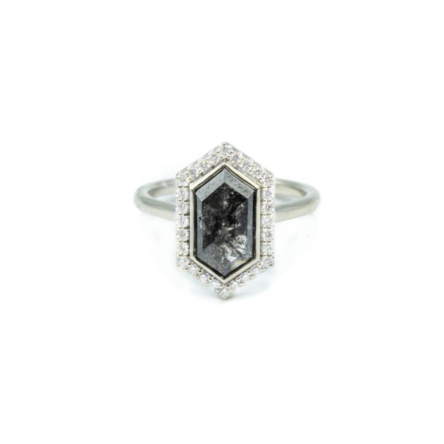 Alternative & Unique Malka Diamonds | 2.37Ct Elongated Hex Salt & Pepper Halo Diamond Ring