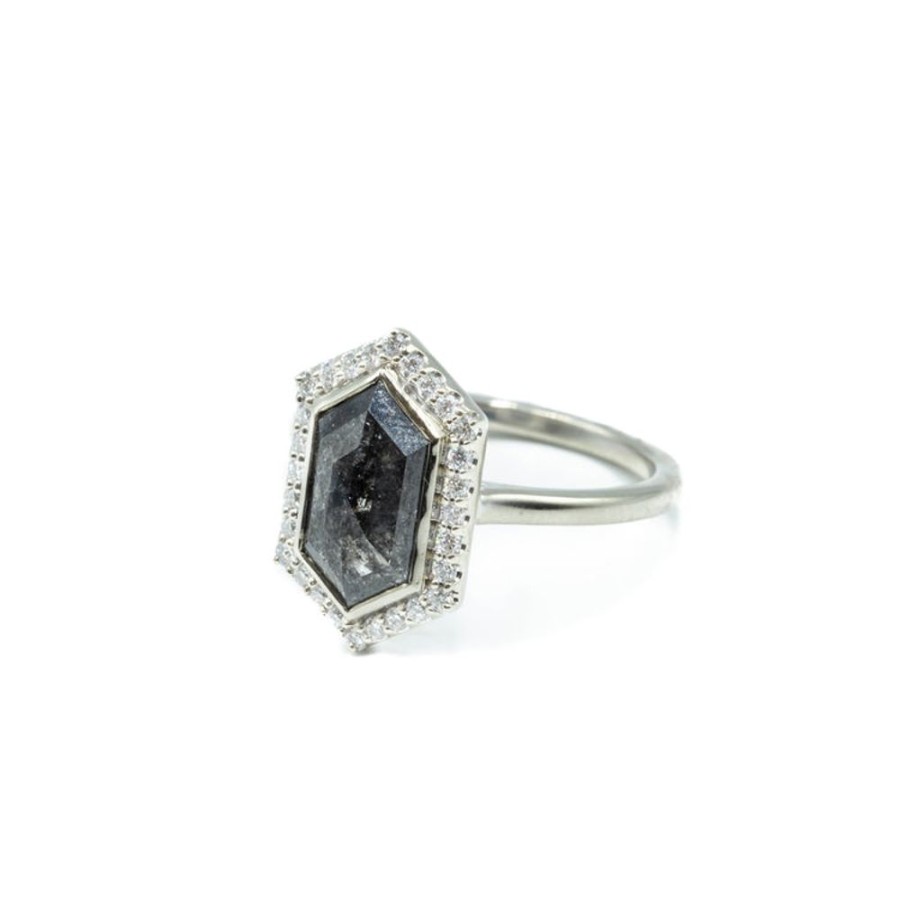 Alternative & Unique Malka Diamonds | 2.37Ct Elongated Hex Salt & Pepper Halo Diamond Ring