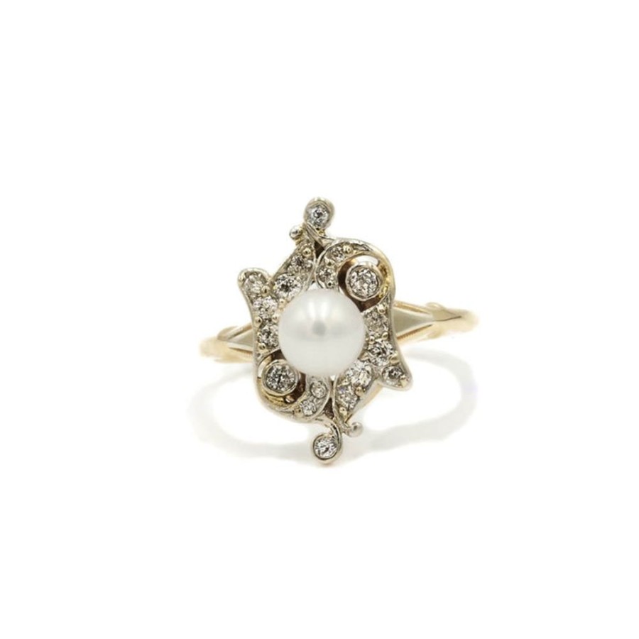 Vintage Collection Malka Diamonds | Vintage 14K Yellow Gold Pearl And Diamond Halo Ring